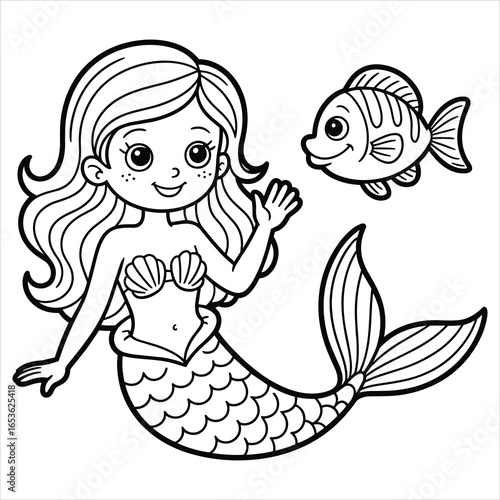 Cute Mermaid Coloring Page. Underwater Princess and Fish Vector Illustration.