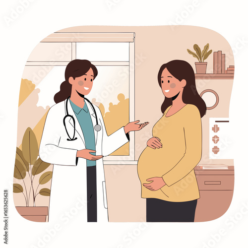 A caring female doctor provides consultation to a pregnant woman holding her baby bump in a cozy clinic room. This vector illustration depicts supportive prenatal care & positive pregnancy experience