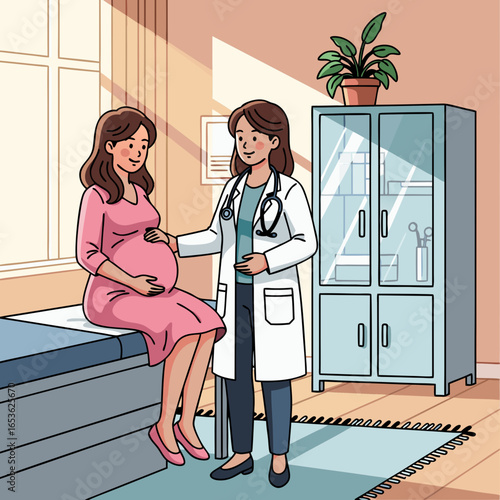 A friendly female doctor consults with a happy pregnant woman in a warm, sunny clinic. This vector illustration symbolizes supportive prenatal care, maternity wellness, and a healthy pregnancy.