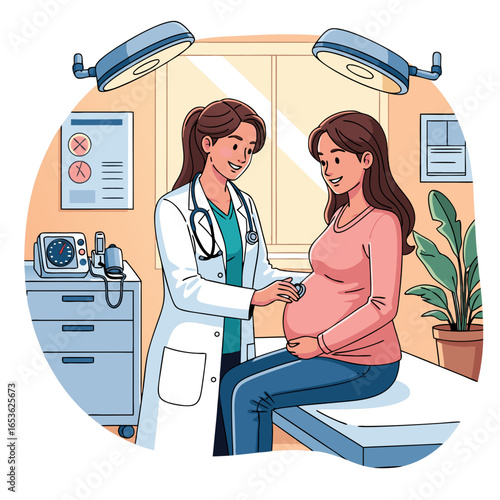A female doctor examines a smiling pregnant woman in a modern clinic. This vector illustration represents a prenatal checkup, maternity care, and a healthy, happy pregnancy journey with professional 