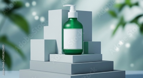 Minimalist branding mockup, serum dropper bottle with white empty label, frosted glass in pale blue tint, placed on concrete pedestal, blurred large tropical leaf in background.