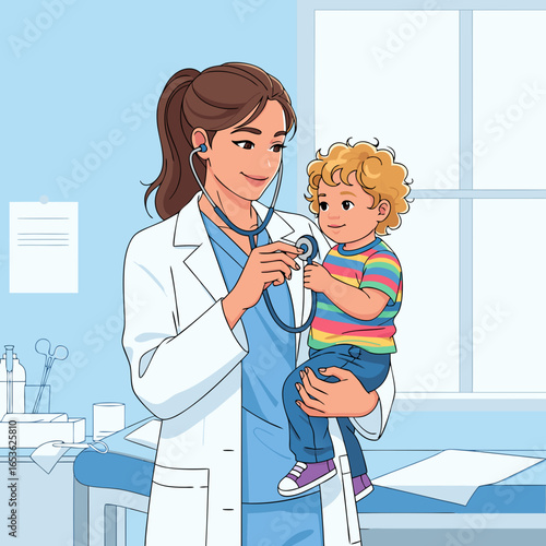 A friendly female pediatrician uses a stethoscope to examine a calm toddler she is holding. The scene in the clinic depicts a routine checkup, emphasizing gentle and trustworthy pediatric care.