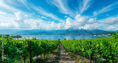Vineyard Landscape Serene Coastal Winery Views, Mountain Scenery Lush Grapevines