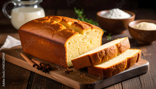 Golden Loaf Cake With Slices On Wooden Board Next To Ingredients Under Warm Lighting
