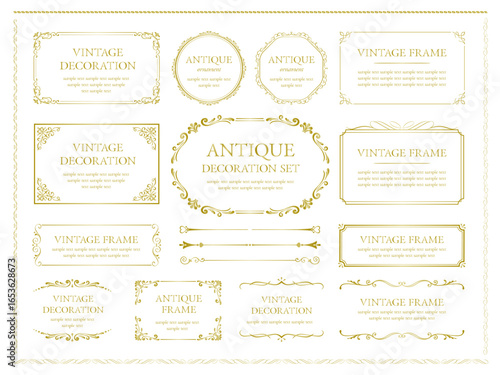 vintage frame set 10_gold／ゴールドのビンテージフレームとあしらい飾りのセット