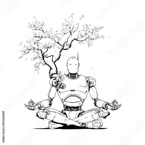 Robot meditation with cherry blossom tree digital art zen peace robotics futuristic ai mindfulness serenity art
