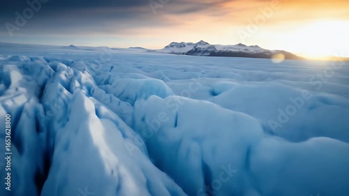 Antarctic Glacier's Frozen Landscape: Ice Formations and Distant Mountains at Sunset