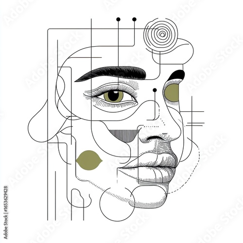 Abstract Geometric Line Art Face with Olive Green Accents