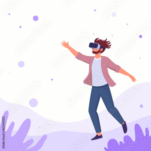 A cartoon man with a beard wearing a VR headset, reaching out with one hand while exploring an immersive digital environment.