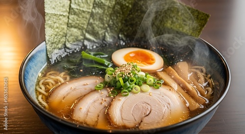 Savory umami rich ramen bowl with sliced pork, seaweed, soft egg and scallions