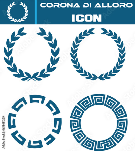 Corona di alloro icon set isolated on white background featuring laurel wreath and geometric circle frames for decorative design elements and award symbols