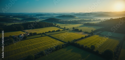 Aerial view of expansive agricultural fields and distant hills bathed in warm morning light