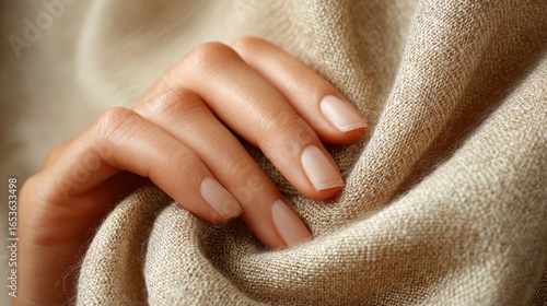 Woman's hand with nude nail polish resting on a woven beige fabric. Perfect for illustrating self-care, beauty, or neutral color palettes.
