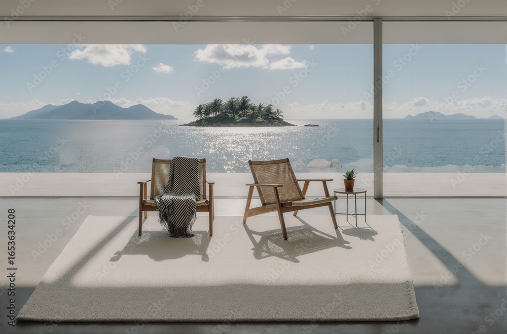 Fototapeta premium Modern indoor space with two chairs facing a serene ocean view and distant islands
