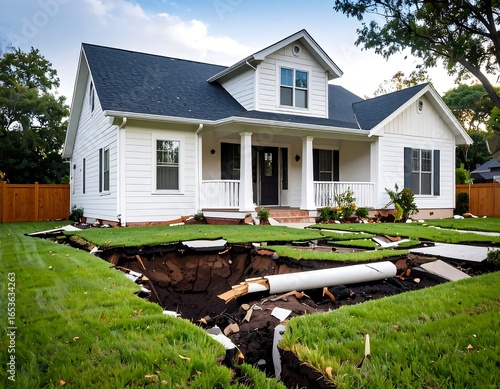 A white house with a large sinkhole in its yard
