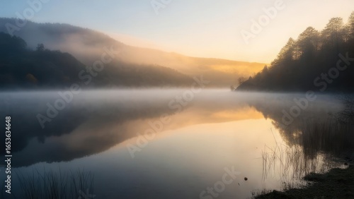 Golden Dawn Mist Veils a Serene Lake with Perfect Mirror Reflections