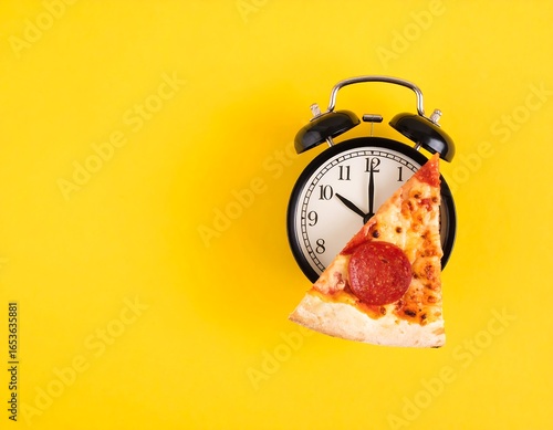 Pizza and clock on yellow background