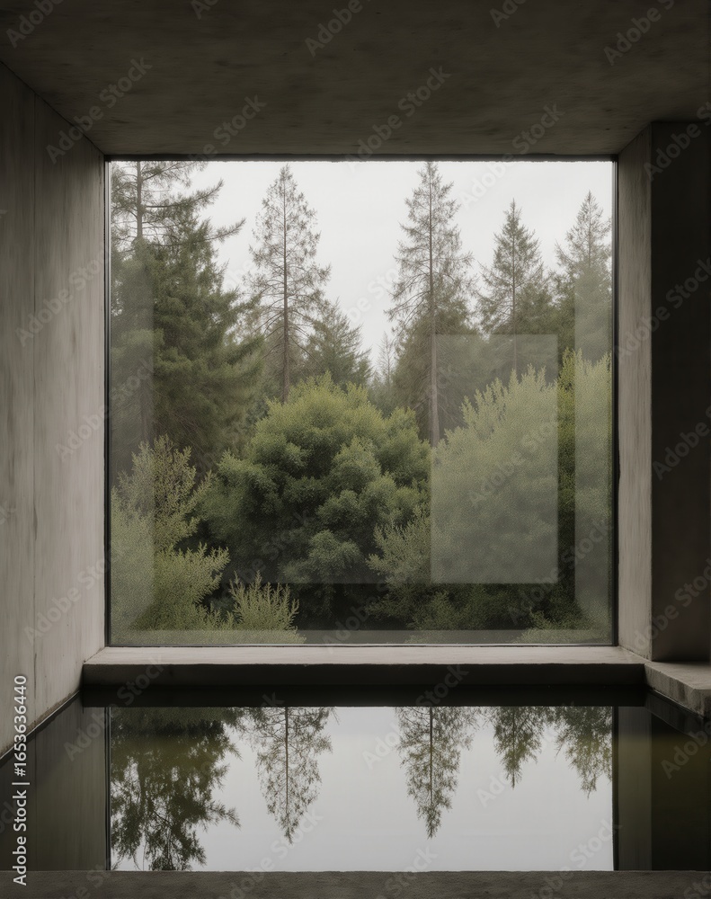Fototapeta premium Modern Interior with Large Window Framing a Forest View and Reflective Water Surface