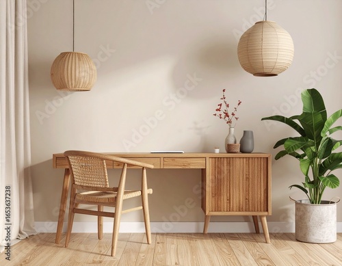 Elegant Japandi Style Home Office Interior with Natural Light