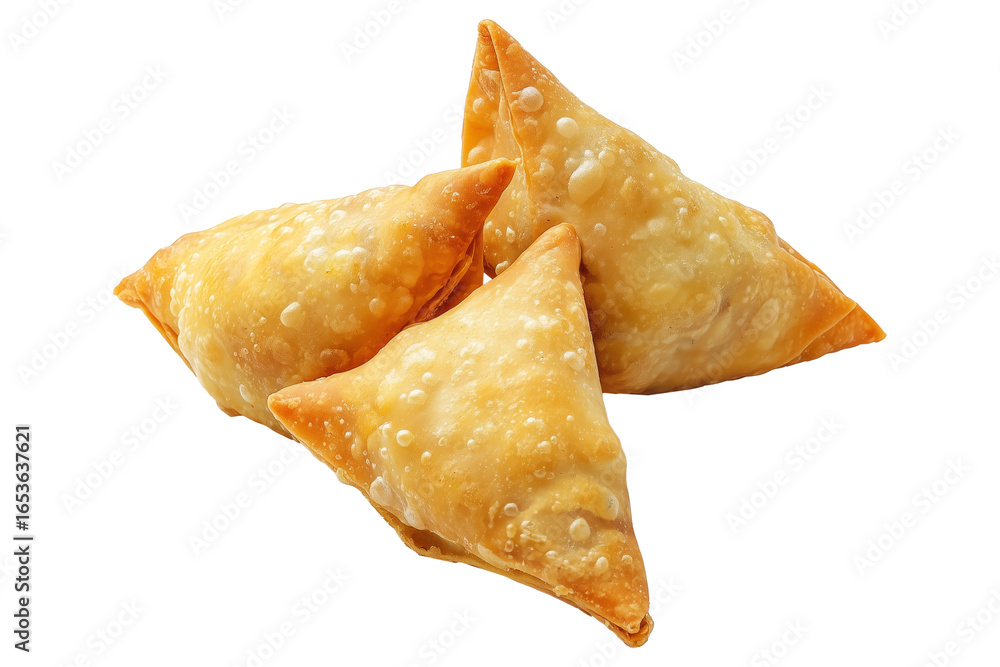 Golden brown crispy samosas isolated on white transparent background, traditional Indian snack concept with fried texture Golden brown crispy samosas isolated on white transparent background, traditional Indian snack concept with fried texture