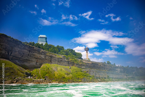 The gushing turquoise water from the Niagara falls with blue sky and white clouds the beautify scenry of nature