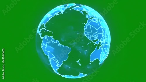 Glowing digital hologram of planet Earth rotating on a green screen for chroma key effects.