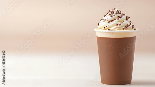 Delicious whipped cream topped coffee drink in a brown sleeve
