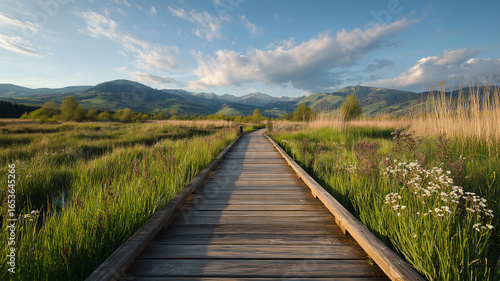 Wallpaper Mural 春の湿原を進む木道と遠くの山 Torontodigital.ca