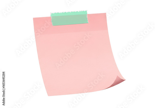 Pink sticky note with light green tape isolated on transparent background
