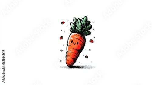 Animated carrot smiling and floating with berry accents on white background