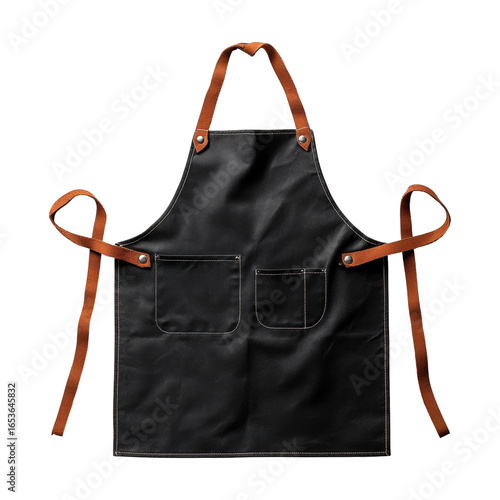 Stylish black leather apron with brown straps and pockets