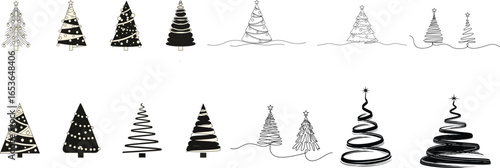 Collection of diverse Christmas tree designs in a minimalist black and white silhouette style. minimalist spiral Christmas tree vector set.
