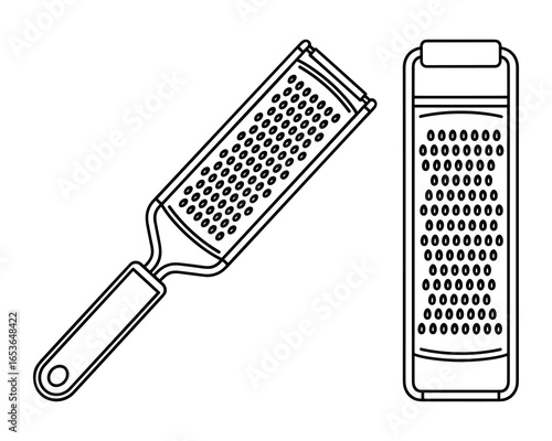 Minimalist Illustration of Kitchen Utensils: Two Graters in Black and White Outline
