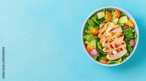 Healthy grilled chicken salad with fresh vegetables on blue background