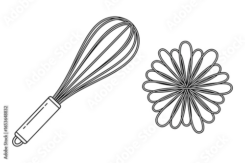 Minimalist Line Art Illustration: Wire Whisk and Floral Pattern Design on White Backdrop.