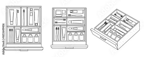 Bathroom Drawer Organizer: Line Art Illustration of Organized Toiletries and Cosmetics