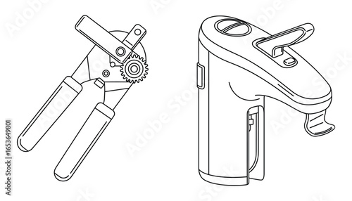 Line Art Illustration: Manual and Electric Can Openers Depicted on White Background