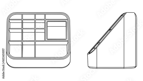 Technical Drawing: Detailed Blueprint of a Modern Desktop Organizer with Compartments