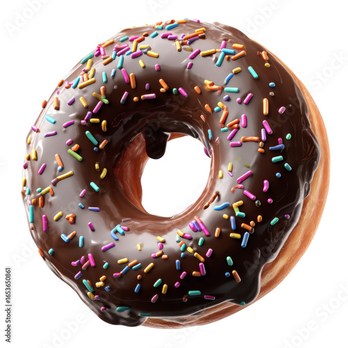 Chocolate frosted donut with rainbow sprinkles isolated on a black background doughnut