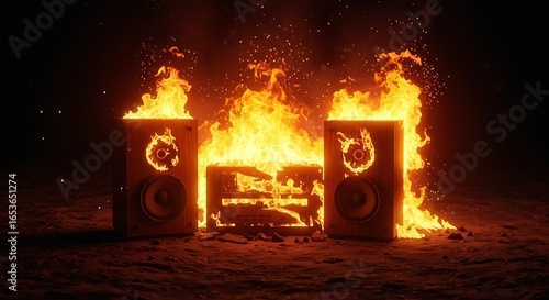 Speakers on Fire with Flames and Sparks in Dark Environment