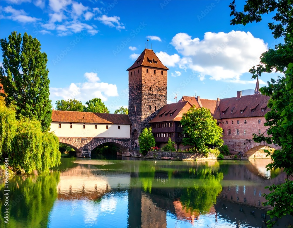 Naklejka premium Ancient European city with river