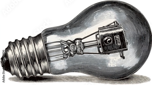 Vintage incandescent bulb resting on white surface.