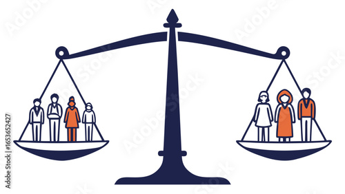 Scales of justice balancing diverse people groups representing equality and fairness
