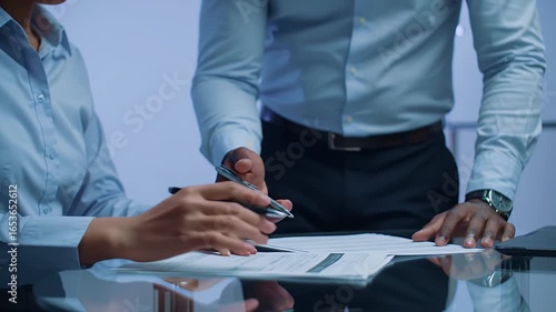 Wallpaper Mural Business Colleagues Reviewing Contract at Glass Table in Office With Paperwork and Pens in a Blue Atmosphere Torontodigital.ca