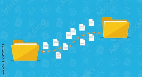 Illustration depicts file transfer paper documents flying from one yellow folder to another, with a dashed arrow showing the direction