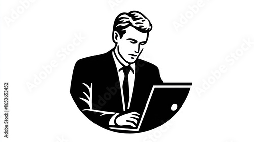 Businessman using laptop, focused on work in office setting