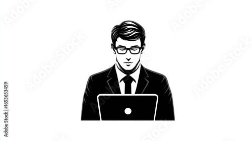 Professional working on laptop, focused, wearing glasses, isolated on white.
