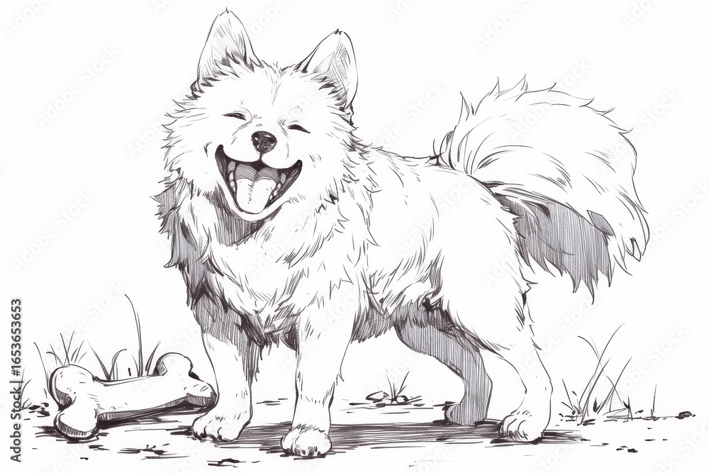 Fototapeta premium Simple black and white line art of smiling dog wagging tail with bone nearby, minimal outline design for children coloring book page