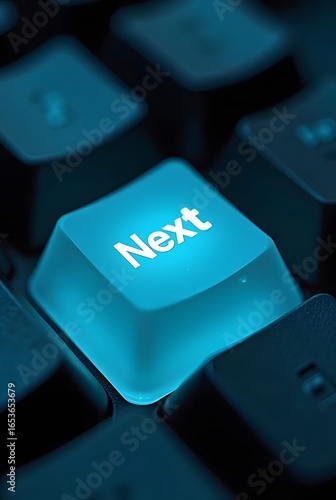 Vibrant blue light illuminates a single keyboard key reading Next, vertical composition. This close-up shot offers a striking composition of color and texture, perfect for technology projects.