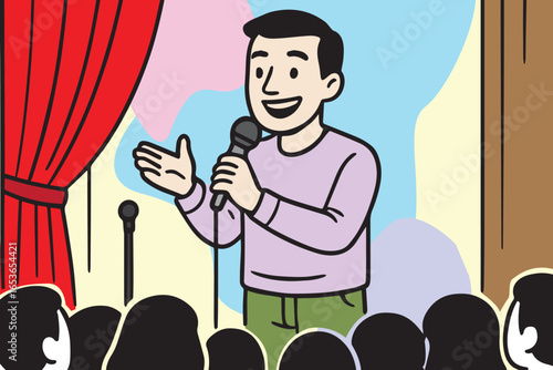 Vector artwork portraying male comedian delivering jokes on a stage, expressed with colorful palette, representing fun, laughter, expression, and vibrant storytelling.